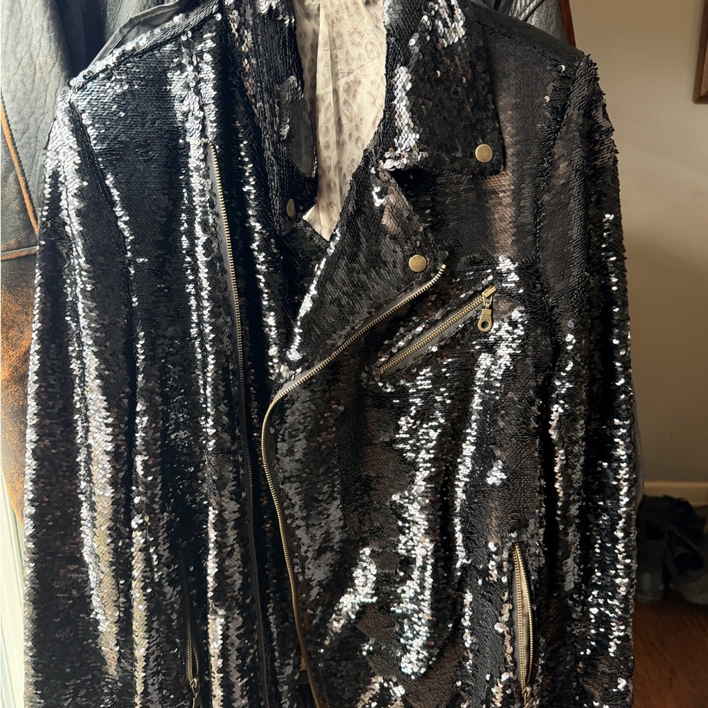 Glamorous Black Sequin Leather Jacket View 2
